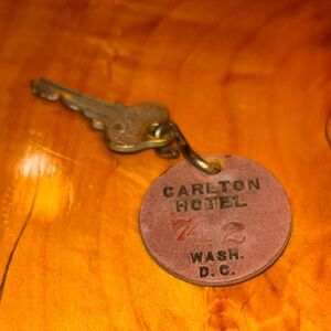 Antique 1940s Carlton Hotel Keychain with Brass Key. Room 742.